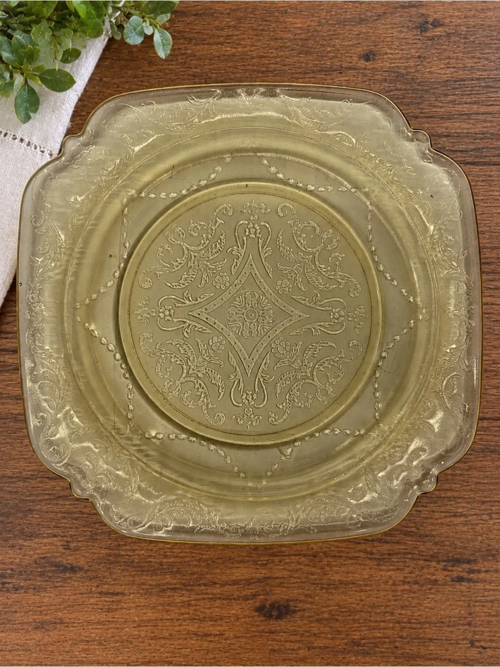 Vintage Amber Depression Glass Dinner Plates Set of 2 Square Ornate